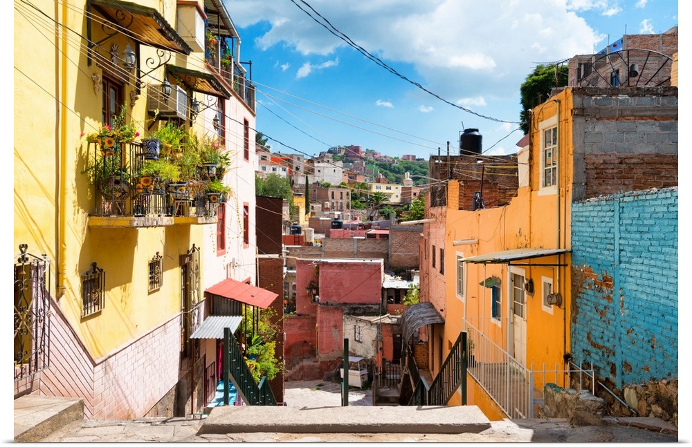 Photograph of a colorful streetscape in Guanajuato. From the Viva Mexico Collection.