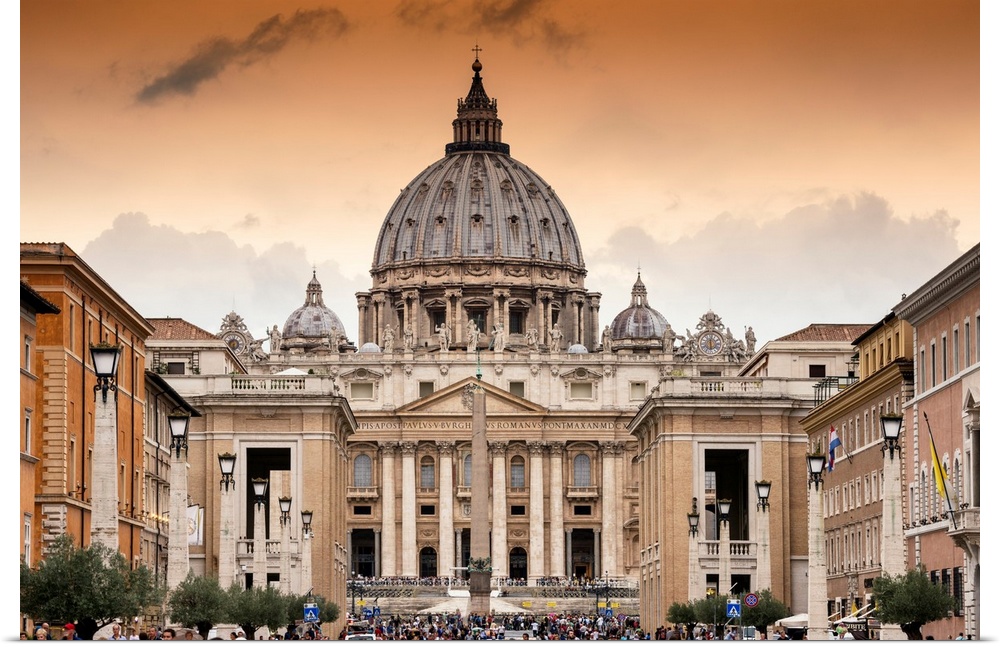 It's St Peter's Basilica and St Paul's Cathedral at sunset in the Vatican City State.