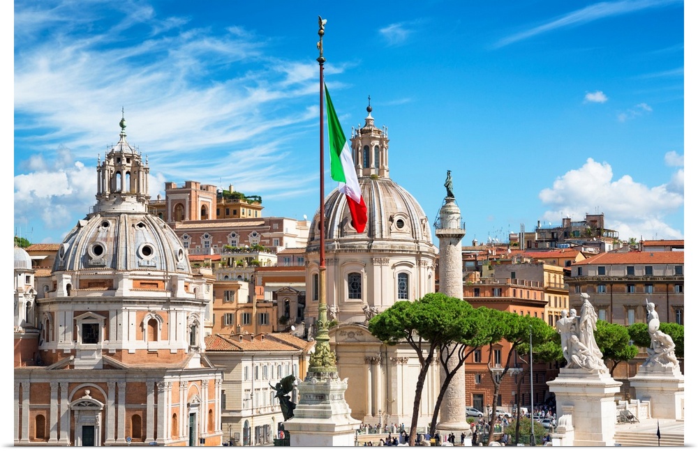 It's a view of the architecture of the city center of Rome with the Italian flag.