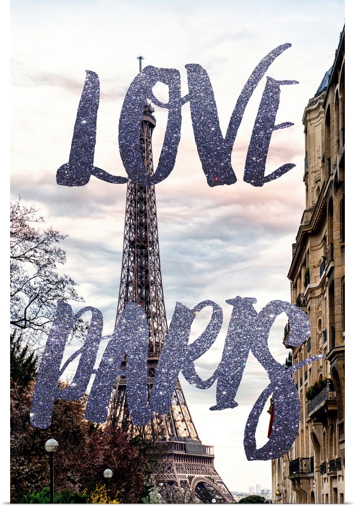 A photograph of the Eiffel Tower with the phrase "Love Paris" written in silver glitter. From the Paris Fashion Series.