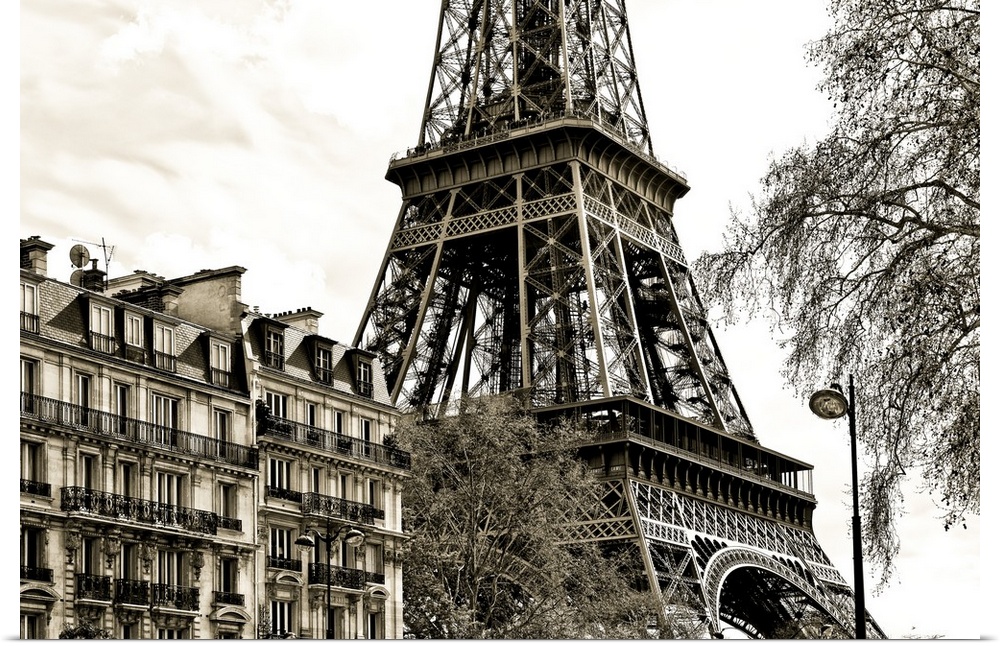 Fine art photograph of the Eiffel Tower in France, with trees and buildings in the foreground.