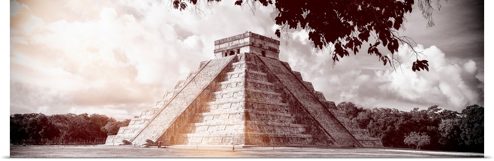 Red toned panoramic photograph of El Castillo Pyramid in in Chichen Itza, Yucat?n, Mexico. From the Viva Mexico Panoramic ...