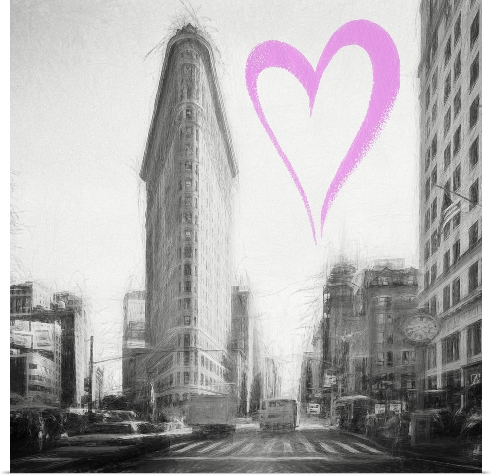 Fusing of oil painting textures and techniques with a digital black and white photograph of the Flatiron Building, NYC, wi...