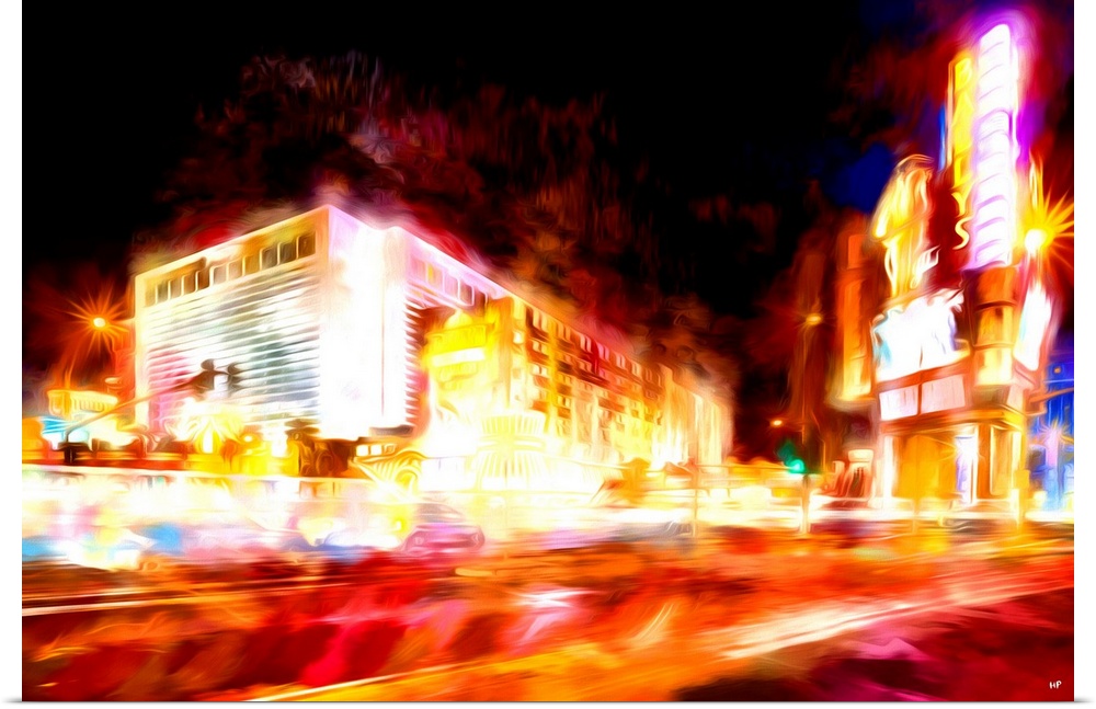 Photograph with a painterly effect of Las Vegas lit up at night.