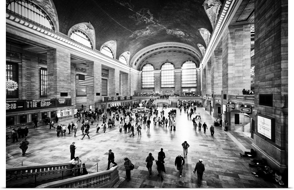 A black and white photograph of the interior of Grand Central Station in New York City.