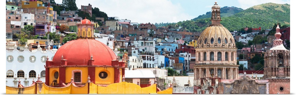 Panoramic photo of colorful church domes and buildings in Guanajuato, Mexico. From the Viva Mexico Panoramic Collection.