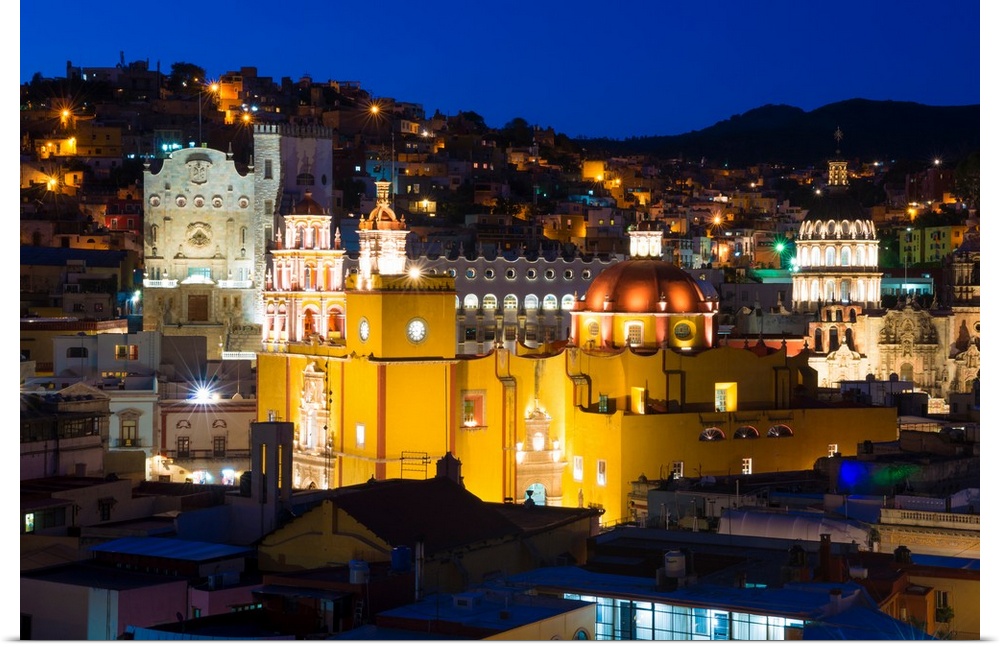 Nighttime photograph of the iconic Yellow Church, Church of San Diego, in Guanajuato, Mexico. From the Viva Mexico Collect...