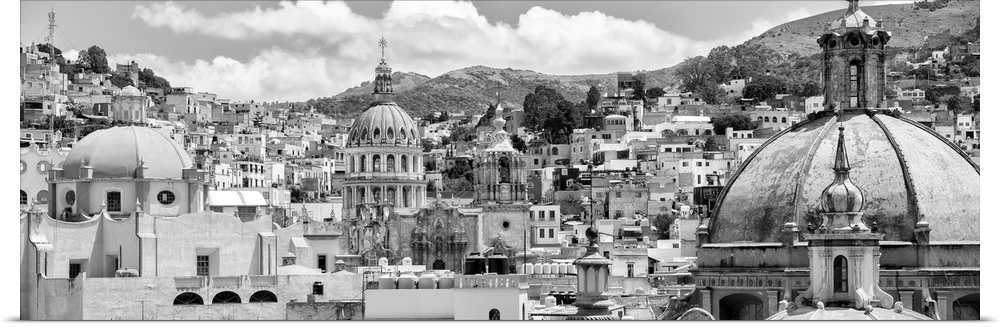 Black and white panoramic photograph of a cityscape in Guanajuato, Mexico. From the Viva Mexico Panoramic Collection.