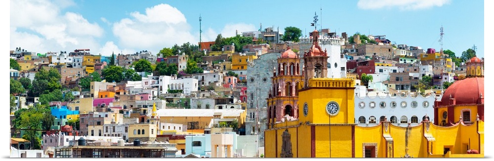Colorful panoramic photograph of a cityscape in Guanajuato, Mexico. From the Viva Mexico Panoramic Collection.