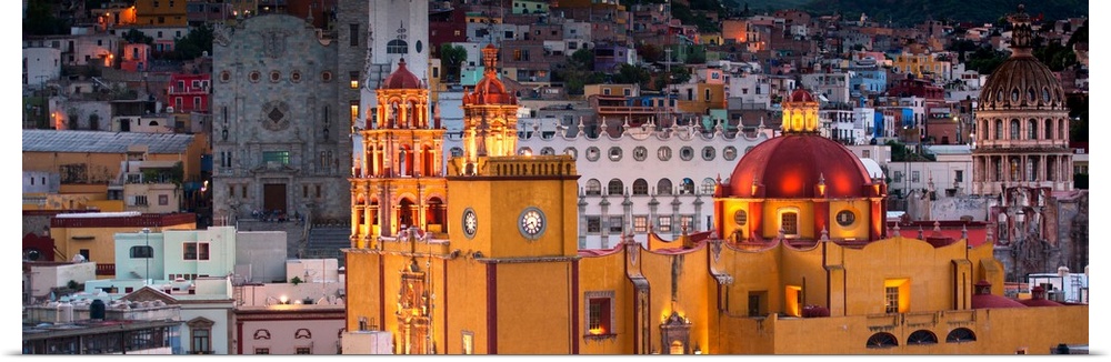 Panoramic photograph of the iconic Yellow Church at night in Guanajuato, Mexico. From the Viva Mexico Panoramic Collection.