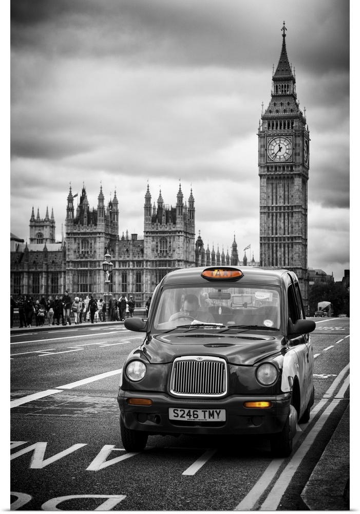 A Taxi driving past Big Ben on a cloudy day.