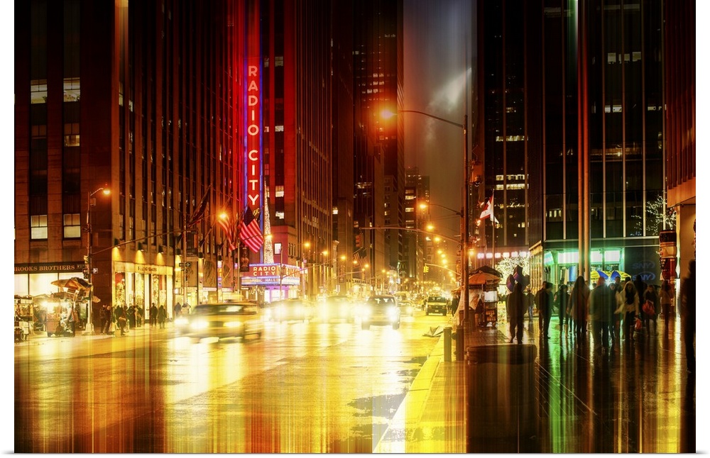 Lights from traffic and neon signs, with a layered effect creating a feeling of movement.