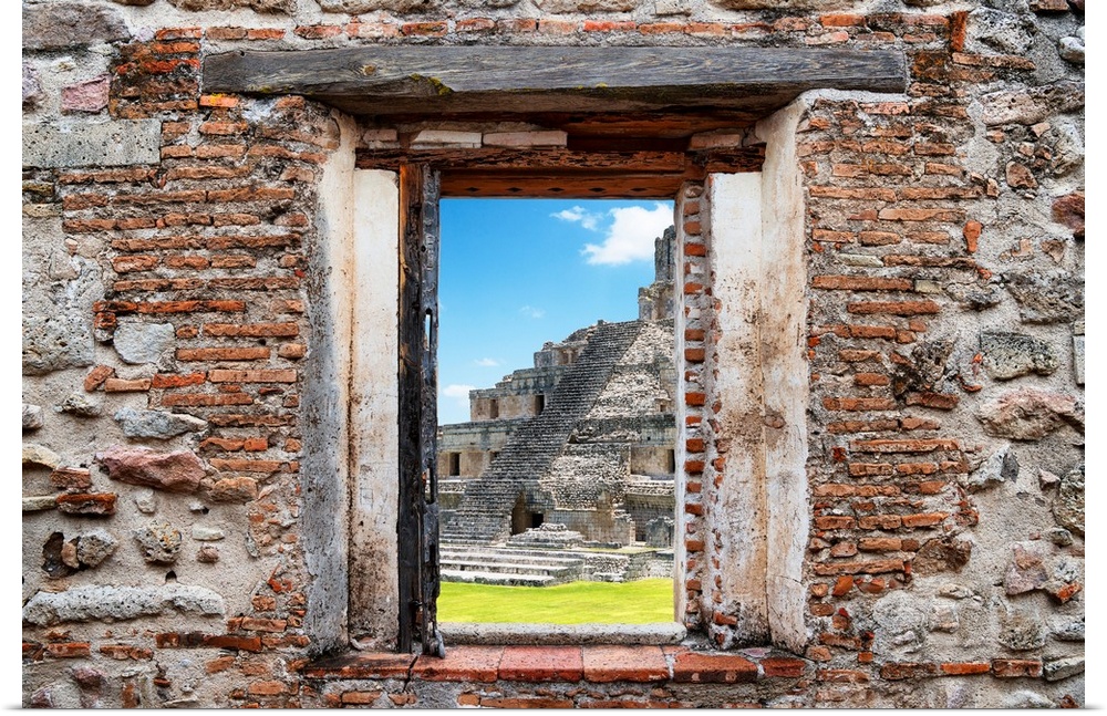 View of the Mayan Ruins in Edzna, Mexico, framed through a stony, brick window. From the Viva Mexico Window View.