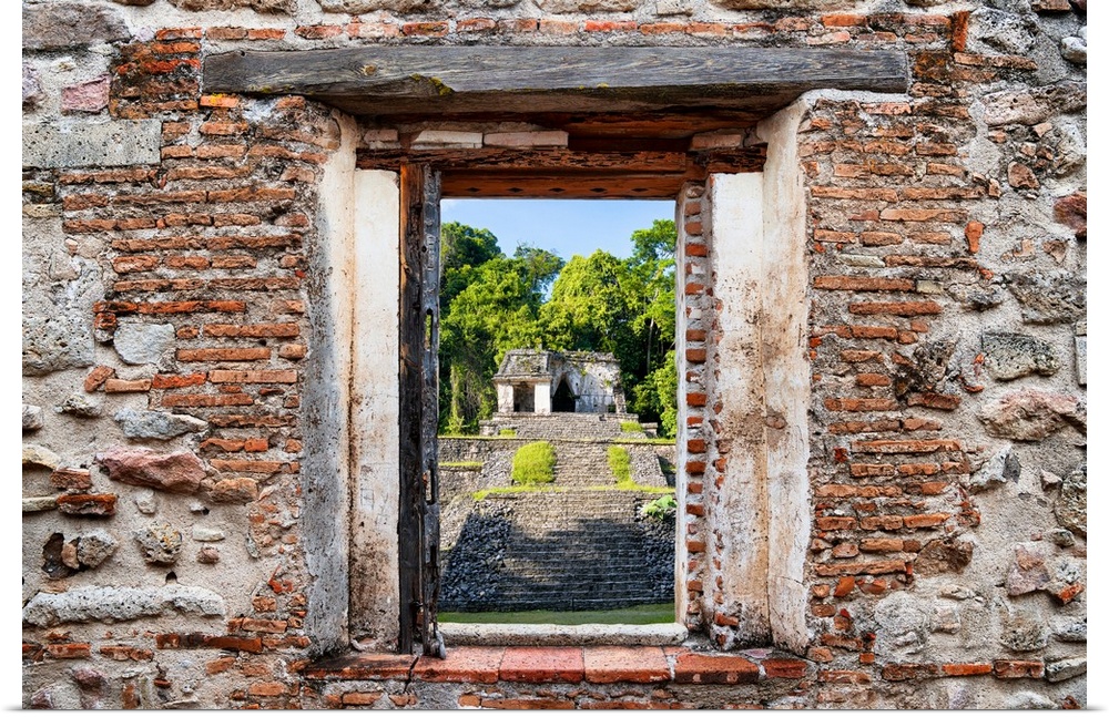 View of the Mayan Ruins in Palenque framed through a stony, brick window. From the Viva Mexico Window View.