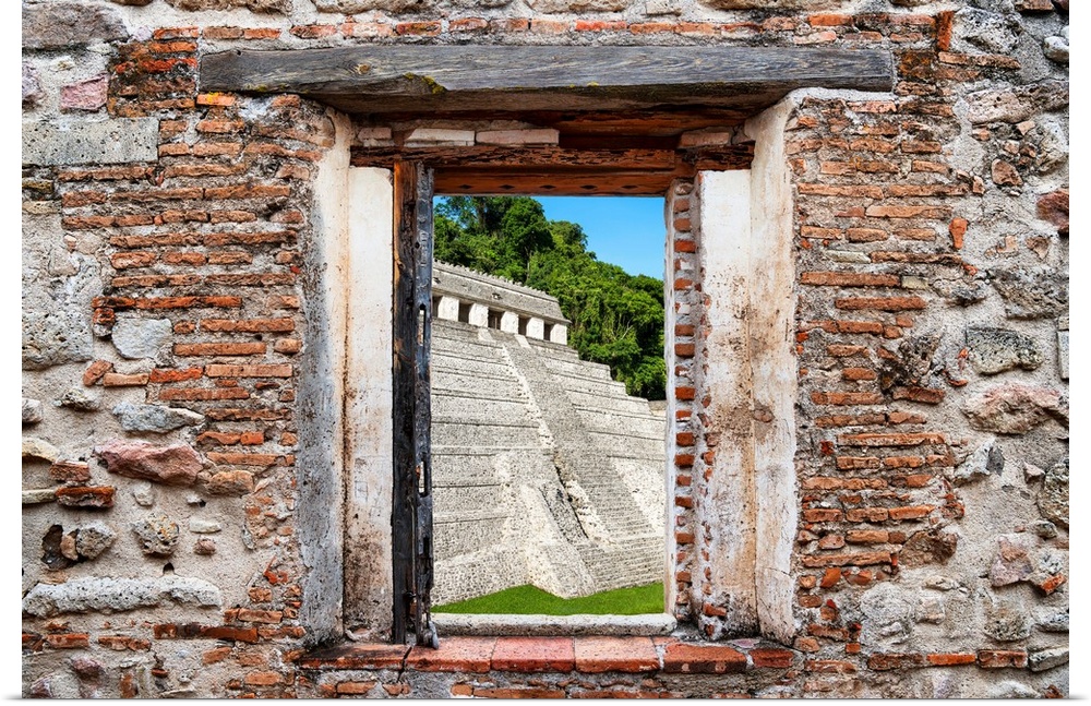 View of the Mayan Temple of Inscriptions in Palenque, Mexico, framed through a stony, brick window. From the Viva Mexico W...