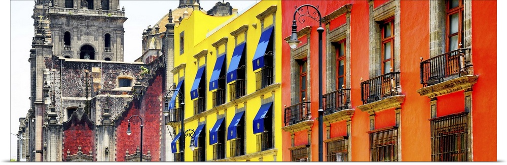 Panoramic photograph of bright and colorful facades, Mexico. From the Viva Mexico Panoramic Collection.