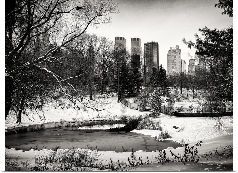 A photograph looking at surrounding buildings around Central Park in winter, in NYC.