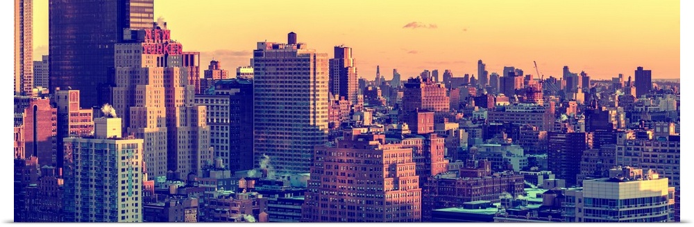 A photograph of New York city architecture at sunset.