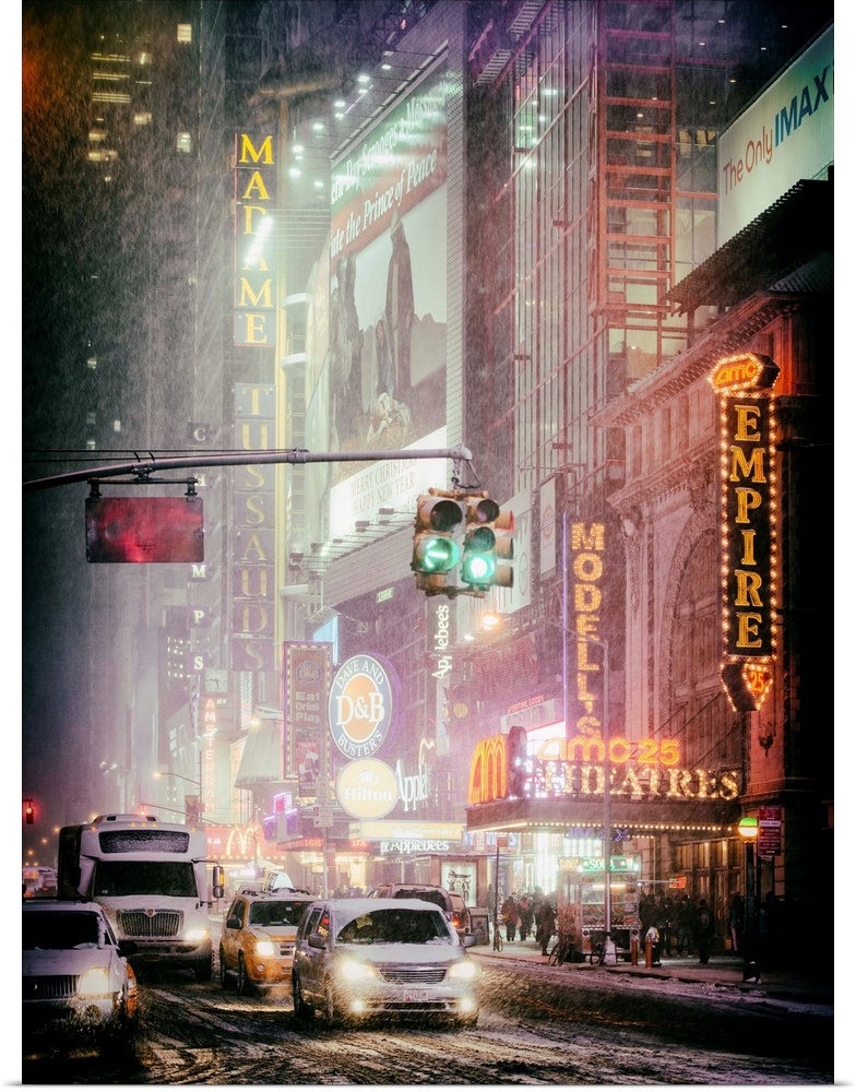 A photograph of New York city at night, with neon light shining bright through the falling snow.