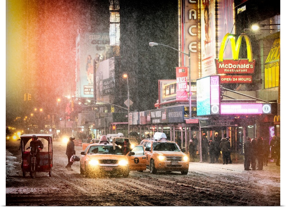 A photograph of New York city at night, with neon light shining bright through the falling snow.