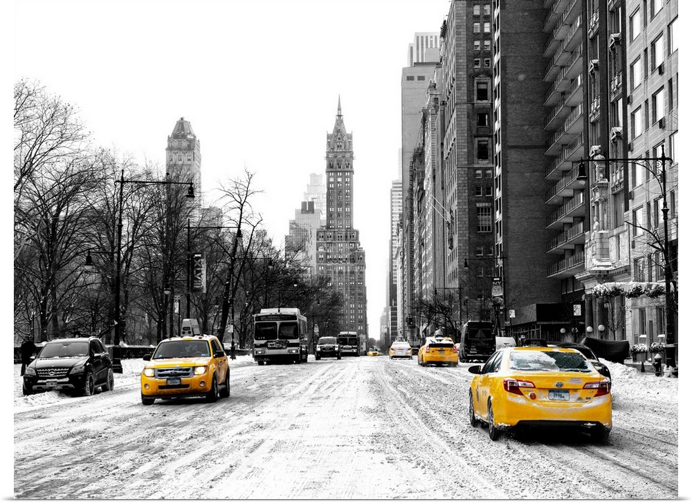 A photograph looking down a road in New York city in winter.