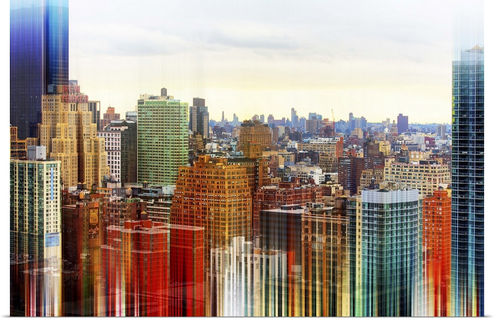Photograph of the skyline of New York City, with a layered effect creating a feeling of movement.