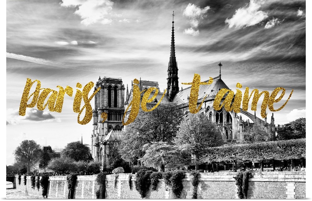 Black and white photograph of Notre Dame Cathedral with the phrase "Paris, je t'aime" written in gold glitter on top. From...