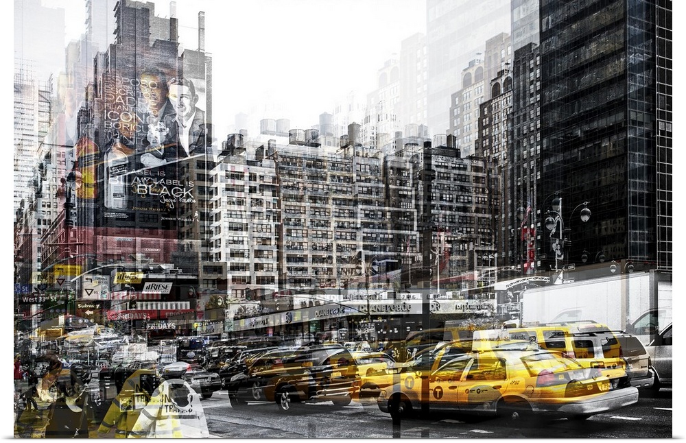 Taxi cabs driving through New York City  with a layered effect creating a feeling of movement.