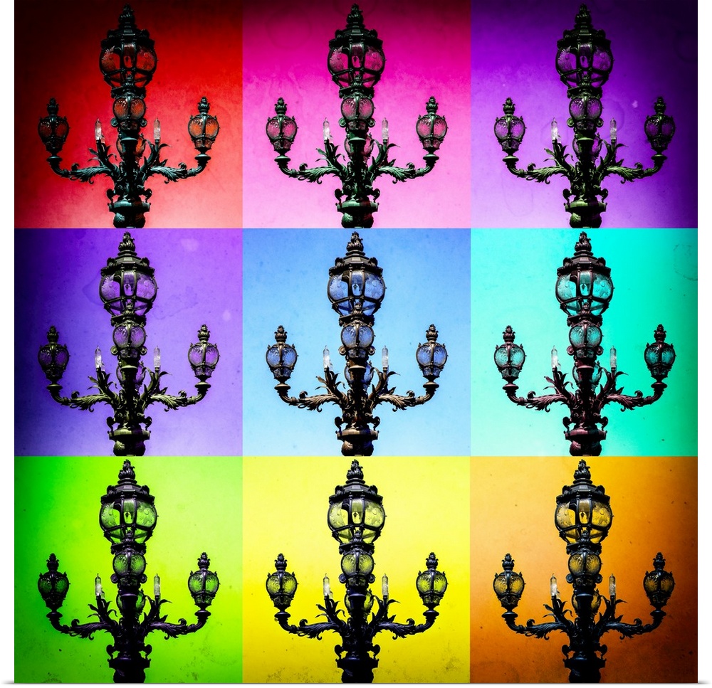 Artistic photography of a Parisian lamppost in a colorful tiled pop art style.