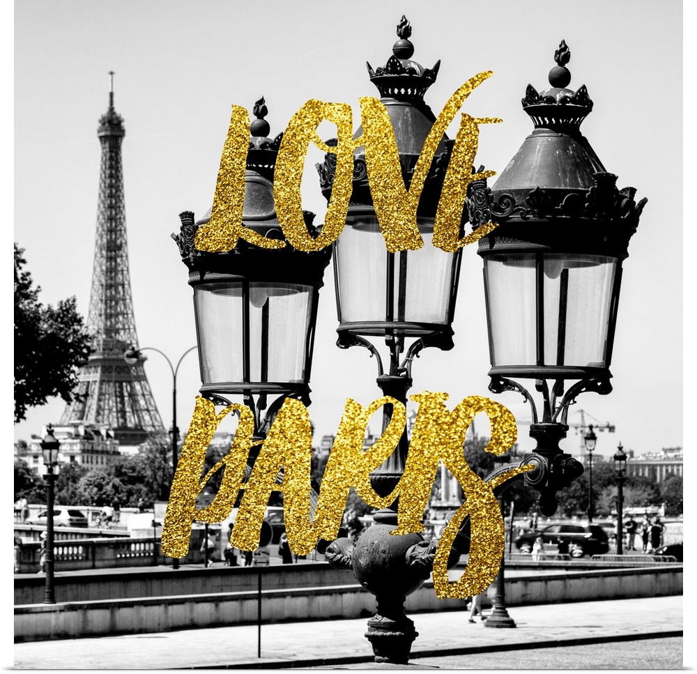 Black and white photograph of a lamppost with the Eiffel Tower in the background and the phrase "Love Paris" written in go...