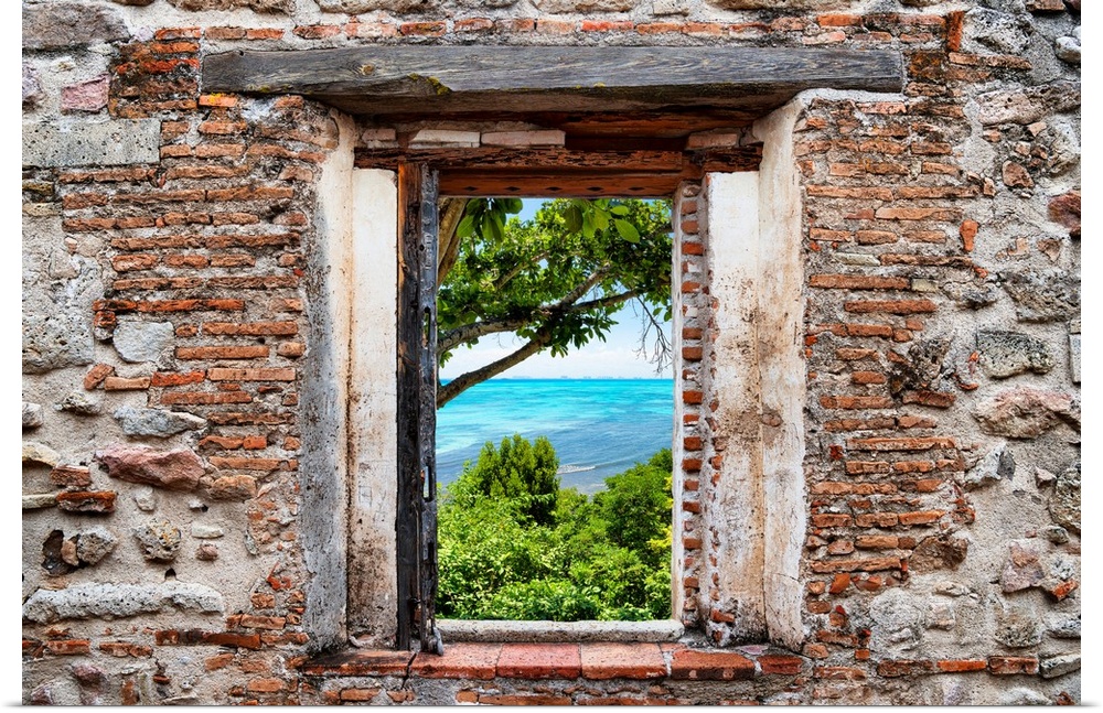 View of Isla Mujeres, Mexico, framed through a stony, brick window. From the Viva Mexico Window View.