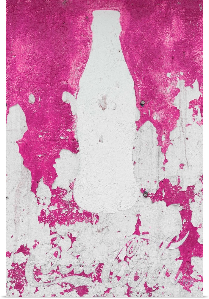 Close-up photograph of a pink exterior wall with a white silhouette of a Coca Cola bottle painted on it. From the Viva Mex...