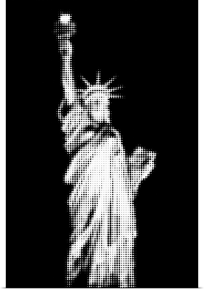 Artistic photograph of the Statue of Liberty with a black and white pixel grain filter over the image.