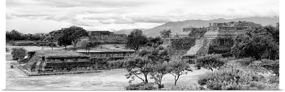 Black and white panoramic photograph of the pyramid of Monte Alban in Oaxaca, Mexico. From the Viva Mexico Panoramic Colle...
