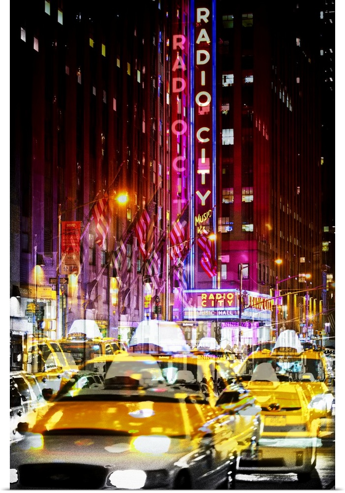 Taxi cabs in front of Radio City Music Hall, with a layered effect creating a feeling of movement.