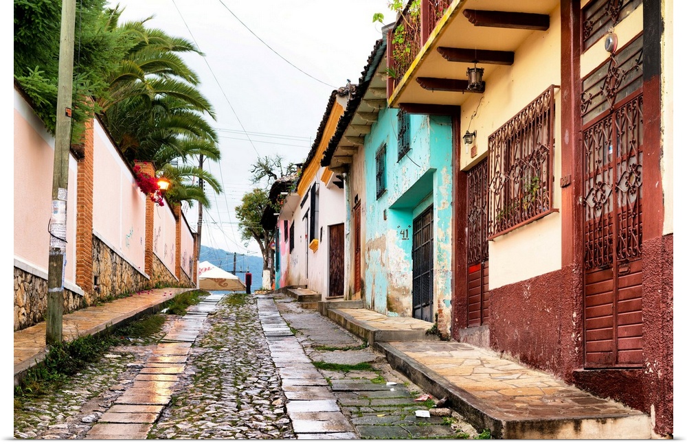 Colorful streetscape photograph of San Cristobal de Las Casas in Chiapas, Mexico. From the Viva Mexico Collection.