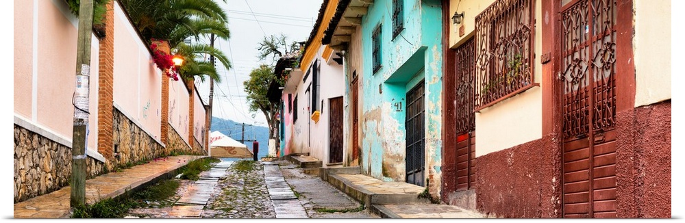 Colorful panoramic photograph of a streetscape at San Cristobal de Las Casas in Chiapas, Mexico. From the Viva Mexico Pano...