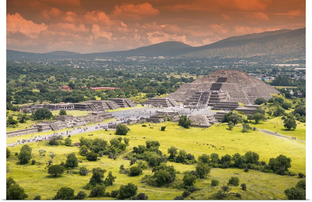 Aerial photograph of the Teotihuacan Pyramids, Mexico, featuring the Pyramid of the Sun and an orange sky. From the Viva M...