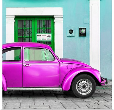 The Deep Pink VW Beetle Car with Turquoise Street Wall