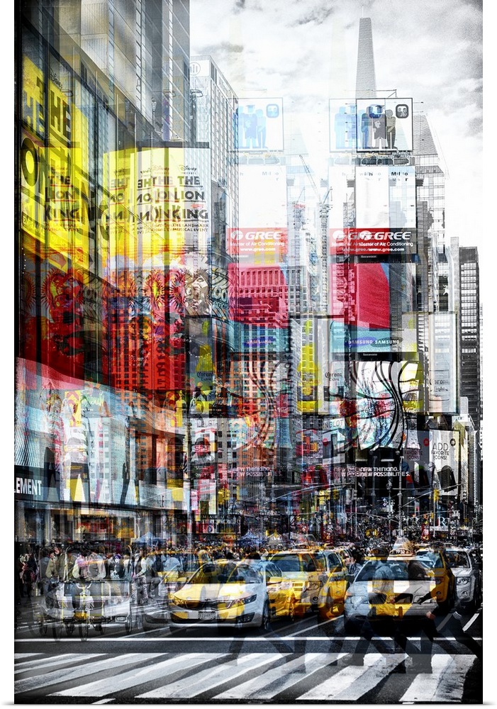 Taxis in the street in Times Square with a layered effect creating a feeling of movement.