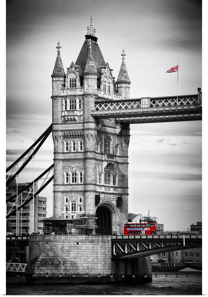 Fine art photo of the Tower Bridge in London with a double decker bus, with selective color.