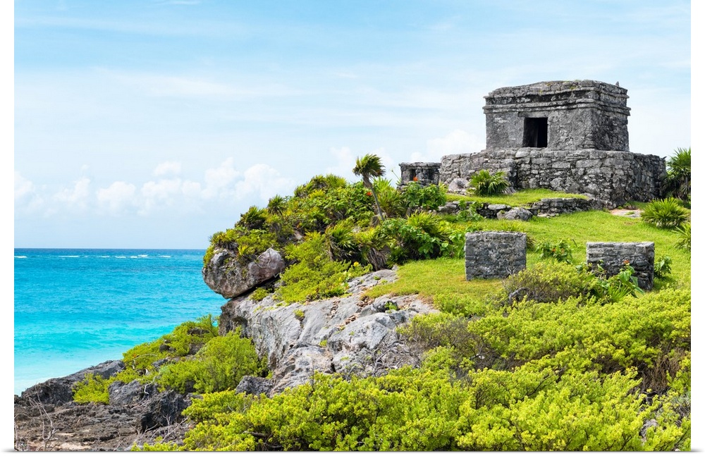 Photograph of the Tulum Ancient Mayan fortress in Riviera Maya, Mexico, overlooking the Caribbean ocean. From the Viva Mex...