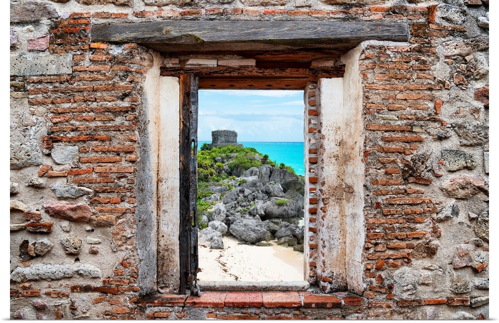 View of the Tulum Ruins, Mexico, framed through a stony, brick window. From the Viva Mexico Window View.