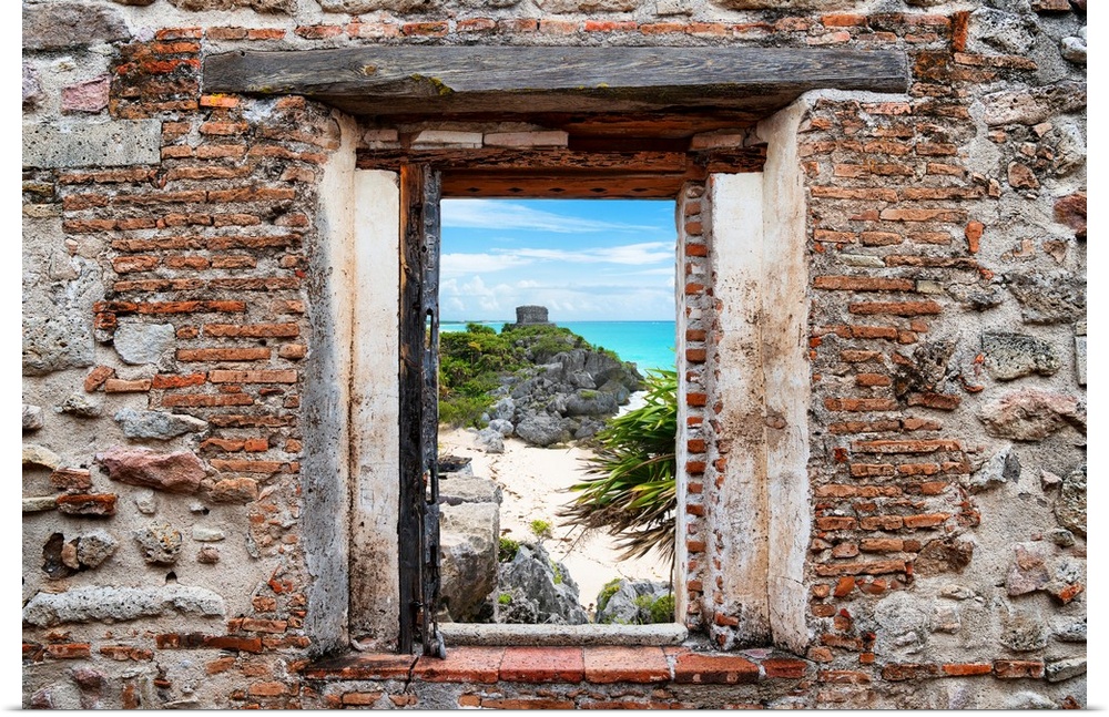 View of the Tulum ruins along Caribbean coastline framed through a stony, brick window. From the Viva Mexico Window View.