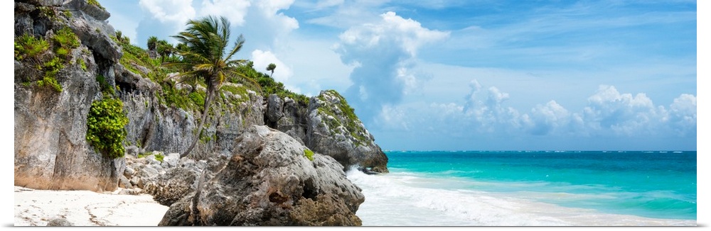 Panoramic photograph of a rocky Caribbean beach shore in Tulum, Mexico. From the Viva Mexico Panoramic Collection.