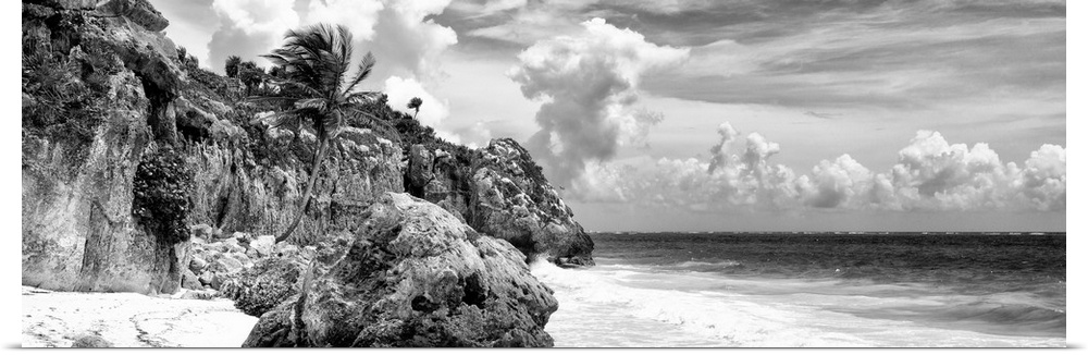 Black and white panoramic photograph of a rocky Caribbean beach shore in Tulum, Mexico. From the Viva Mexico Panoramic Col...