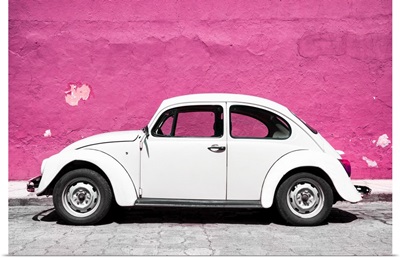 White VW Beetle Car and Pink Street Wall