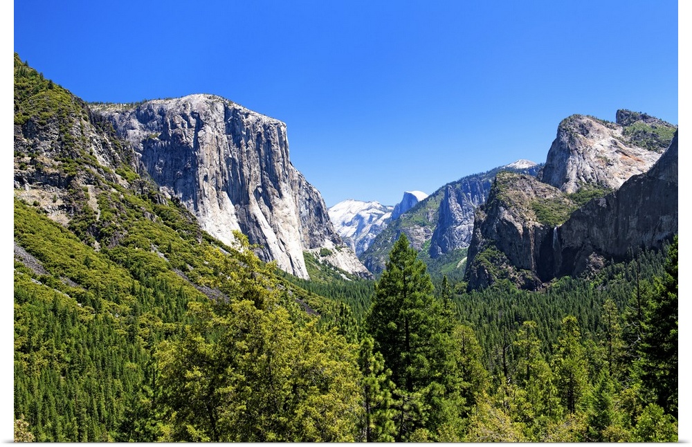 The majestic peaks of Half Dome and its neighboring mountains over the forests of Yosemite National Park in California.