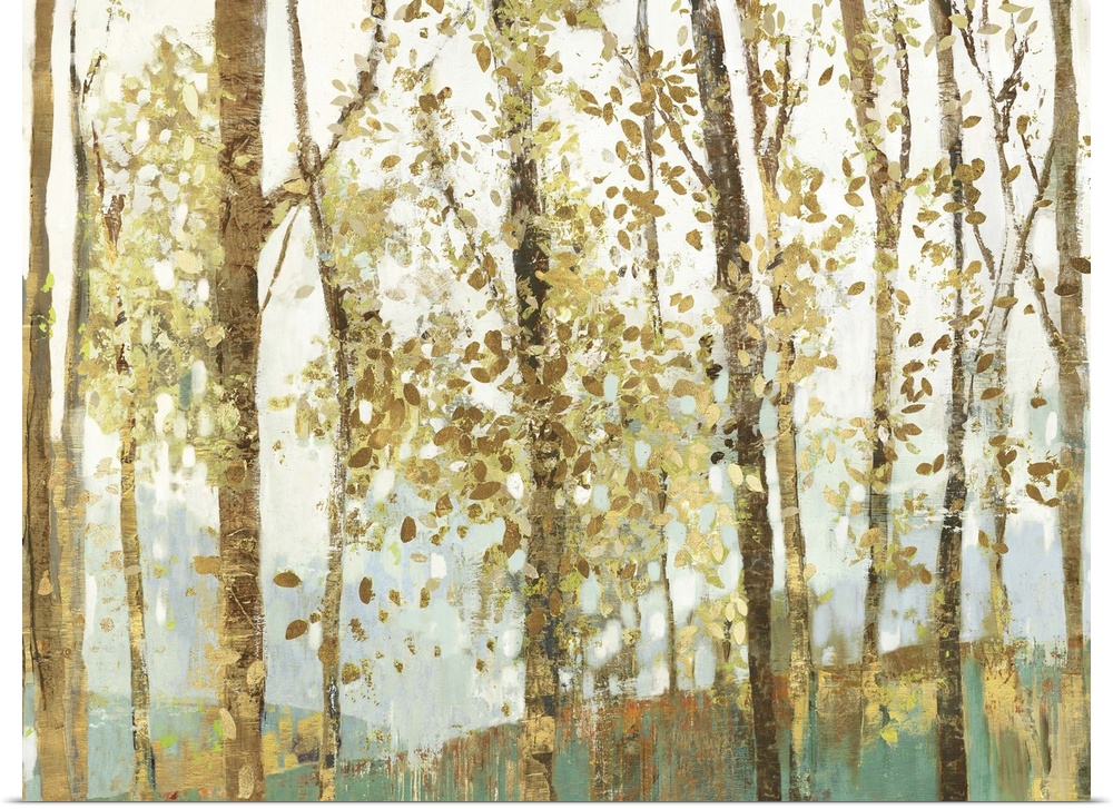 Contemporary painting of a forest of thin trees speckled with golden leaves.