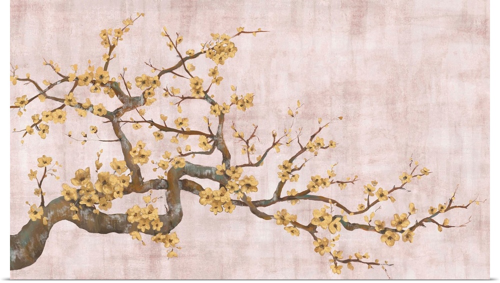 Contemporary artwork of a tree branch with gold blossoms on a background created with shades of pink.